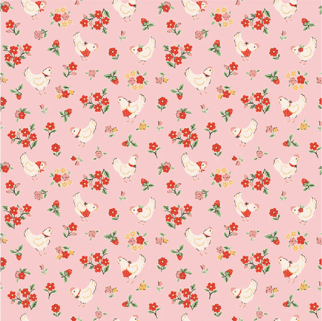 Poppie Cotton Fabric Farmhouse Fancy Spring Chicken Pink