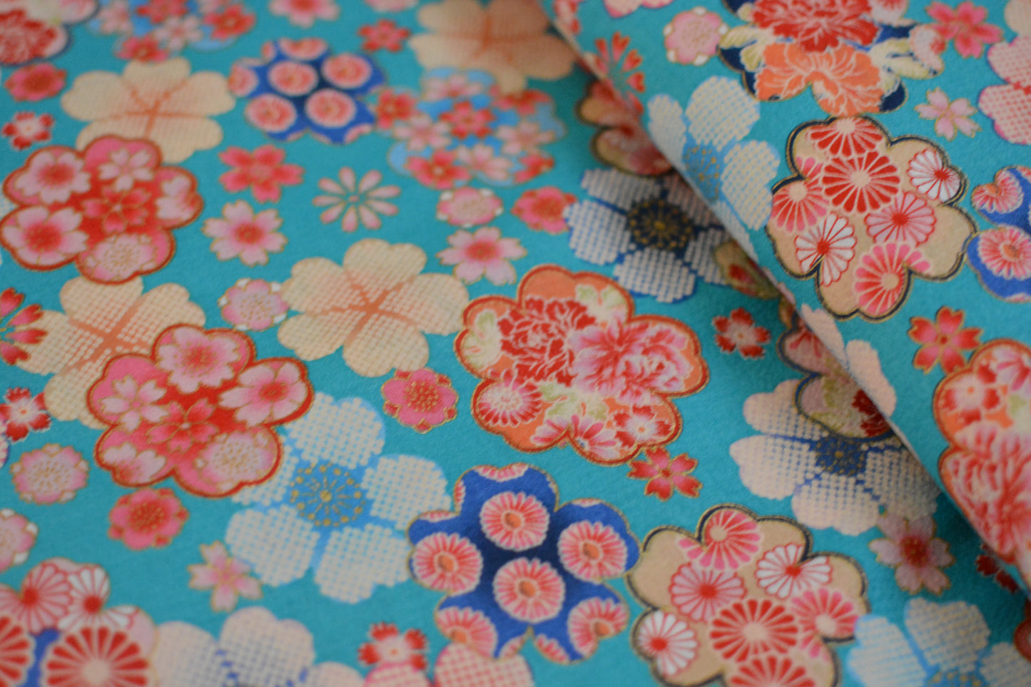 Cherry Blossoms Floral Kimono Print Sakura on Blue Japanese Fabric
