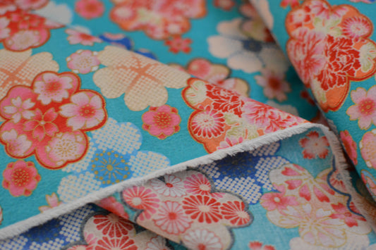 Cherry Blossoms Floral Kimono Print Sakura on Blue Japanese Fabric