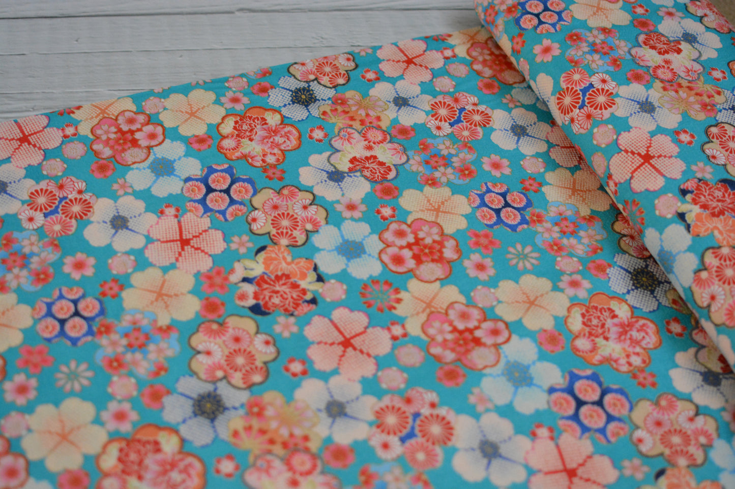 Cherry Blossoms Floral Kimono Print Sakura on Blue Japanese Fabric