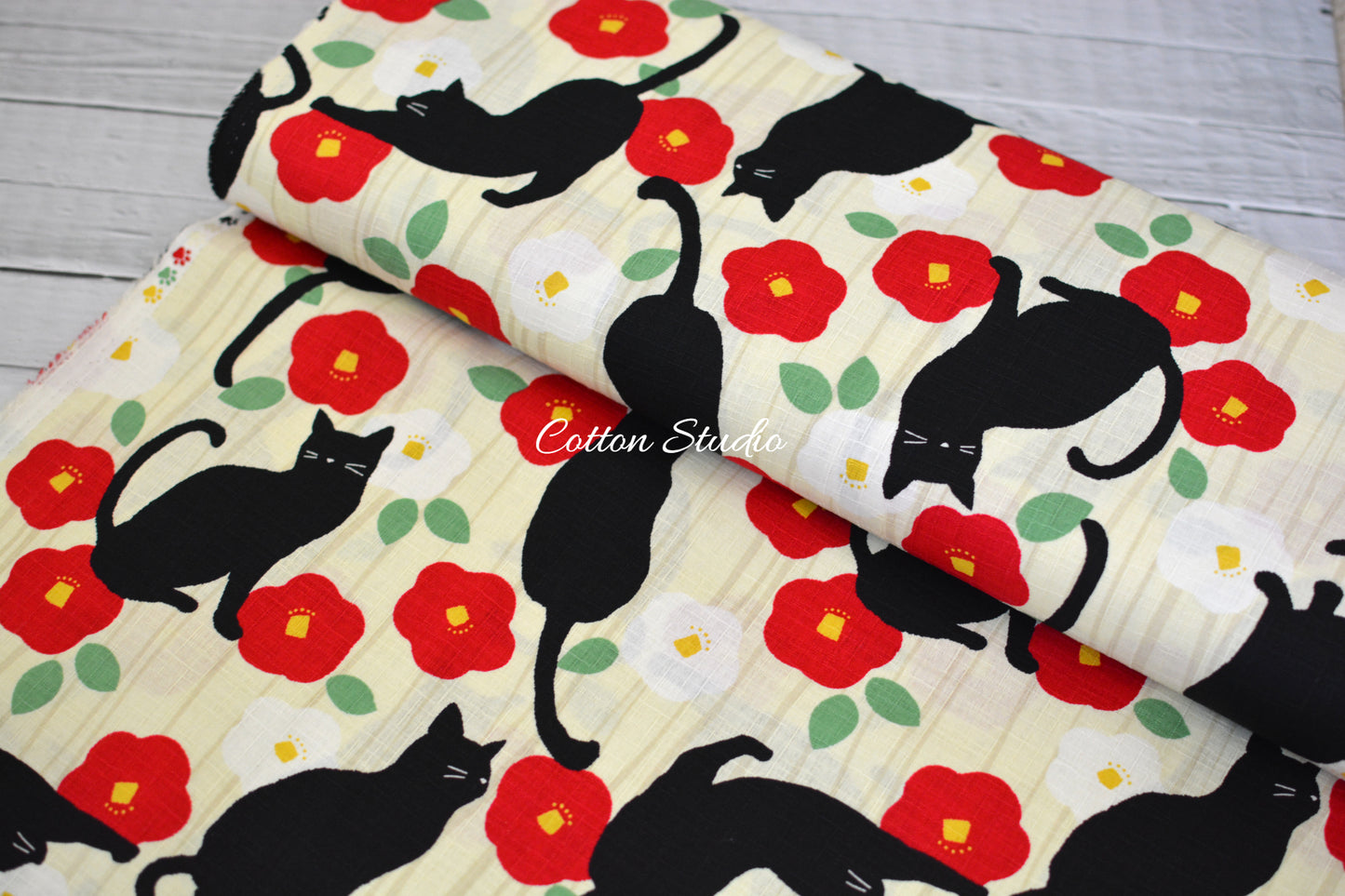Tsubaki and Cat Camellia Cream Japanese Fabric