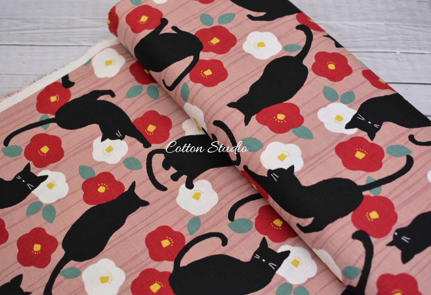 Tsubaki and Cat Camellia Pink Japanese Fabric