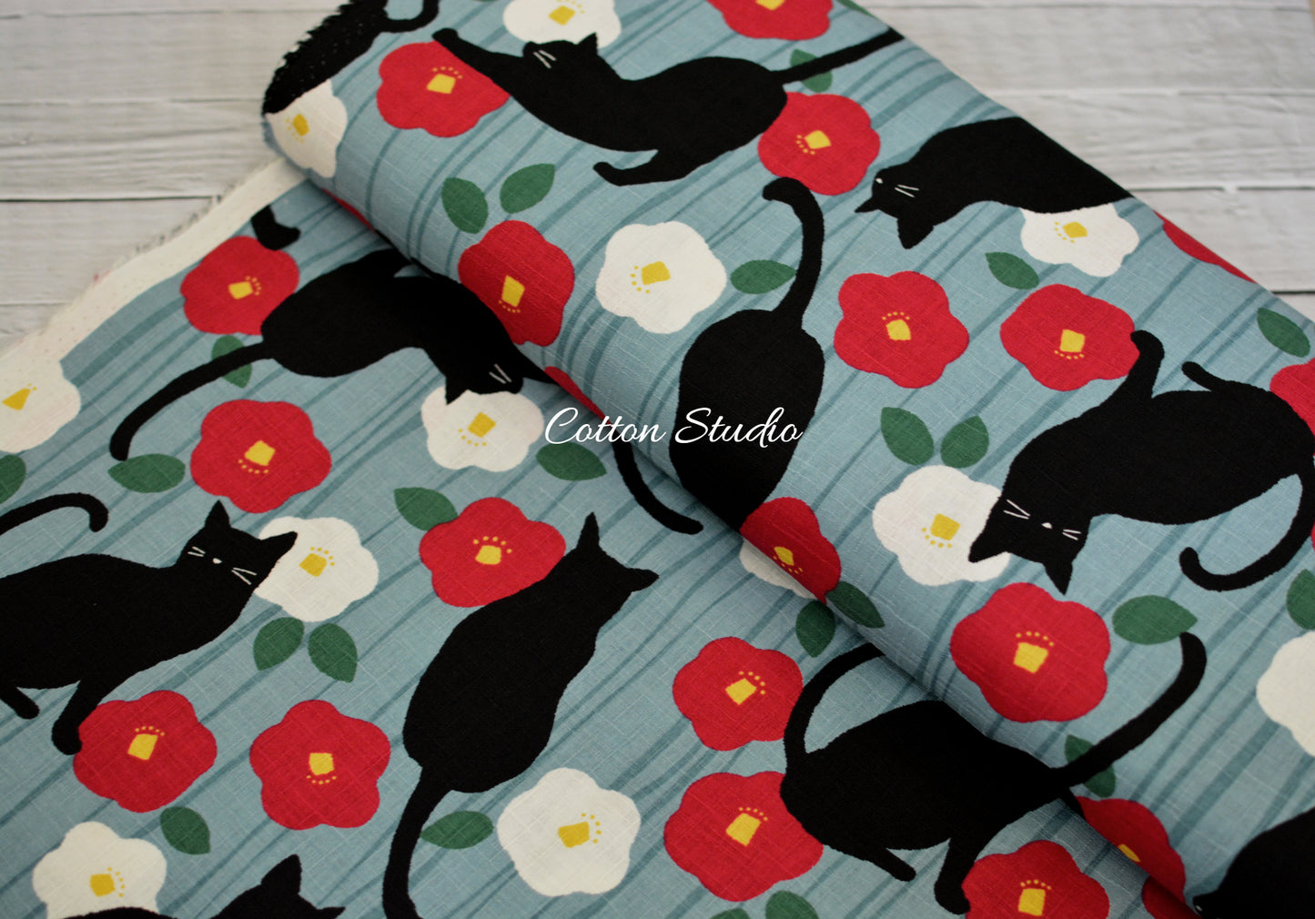 Tsubaki and Cat Camellia Blue Japanese Fabric