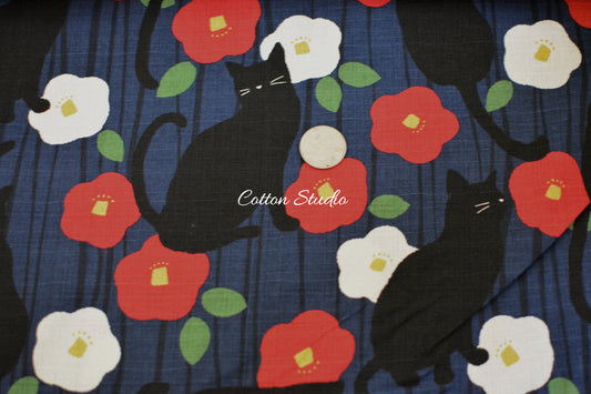 Tsubaki and Cat Camellia Navy Blue Japanese Fabric