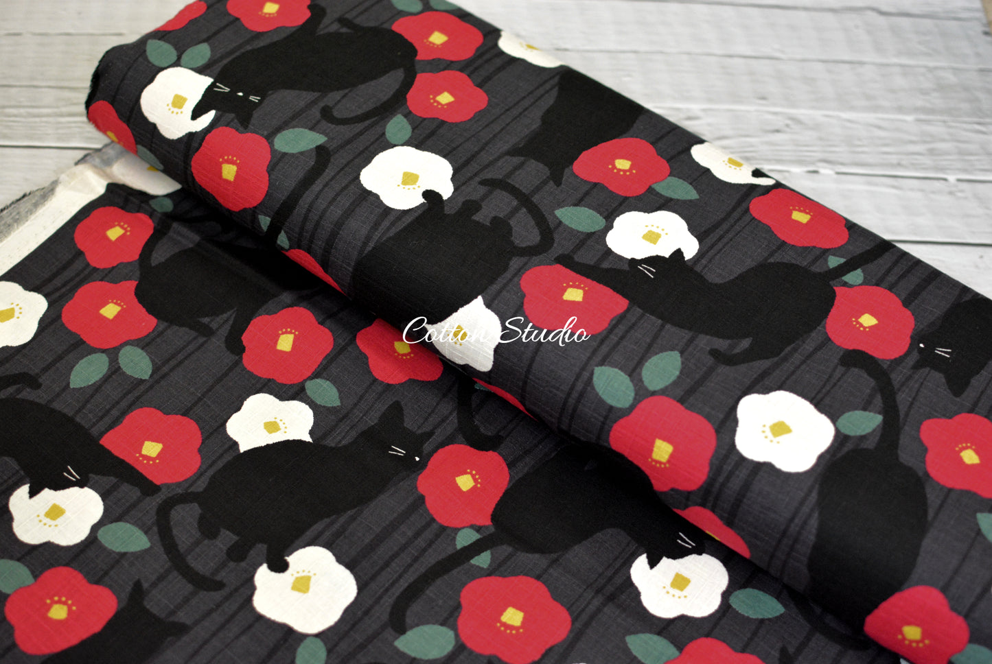 Tsubaki and Cat Camellia Charcoal Gray Japanese Fabric