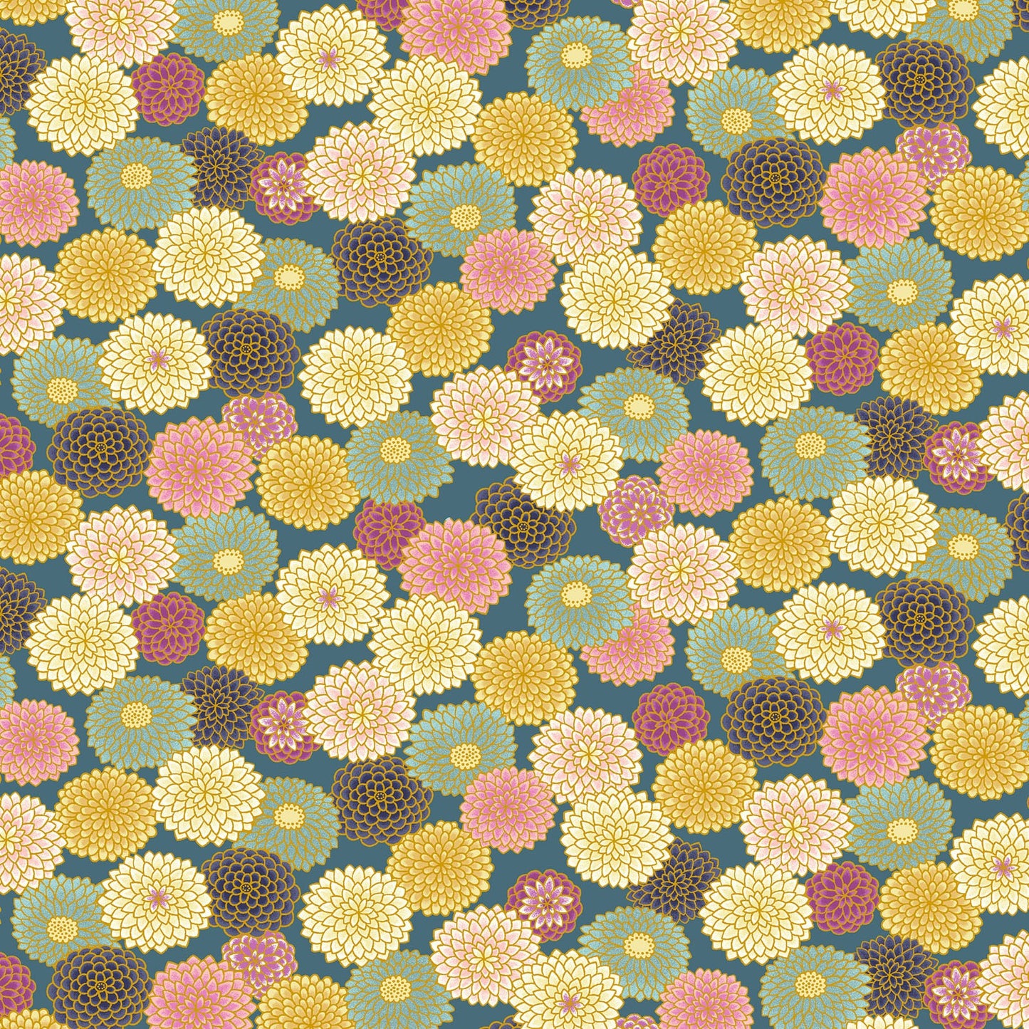 Colorful Chrysanthemum on Teal with Metallic Gold Cosmo