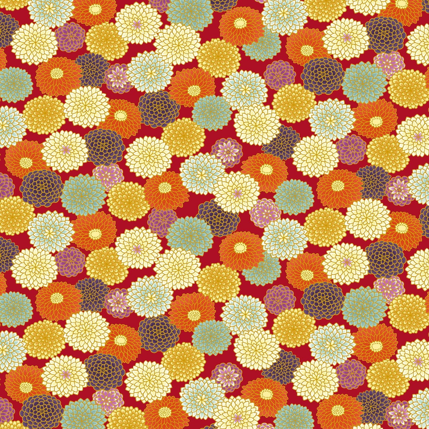 Colorful Chrysanthemum on Red with Metallic Gold Cosmo