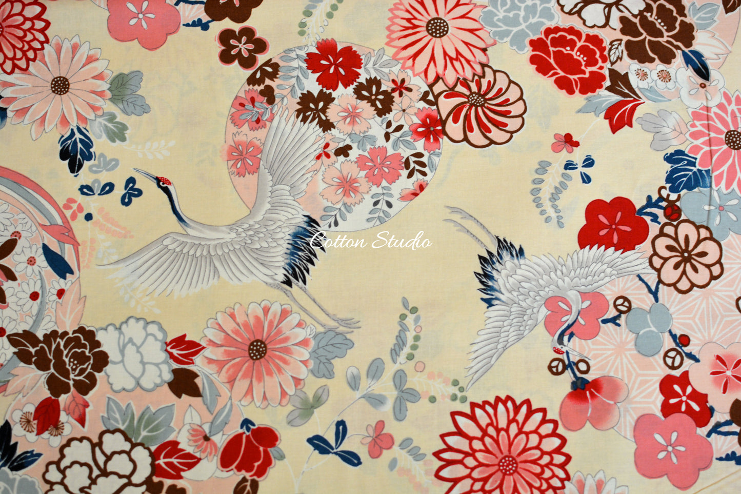 Kokka Classic Japan Cranes Floral Medallions Beige Kimono Inspired Japanese Fabric