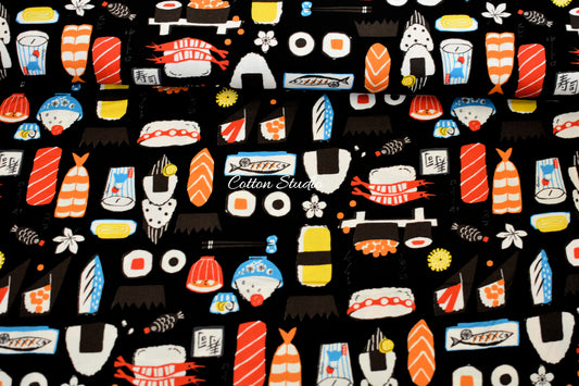 Kokka Yukata Sushi and Japanese Food Black Japanese Fabric