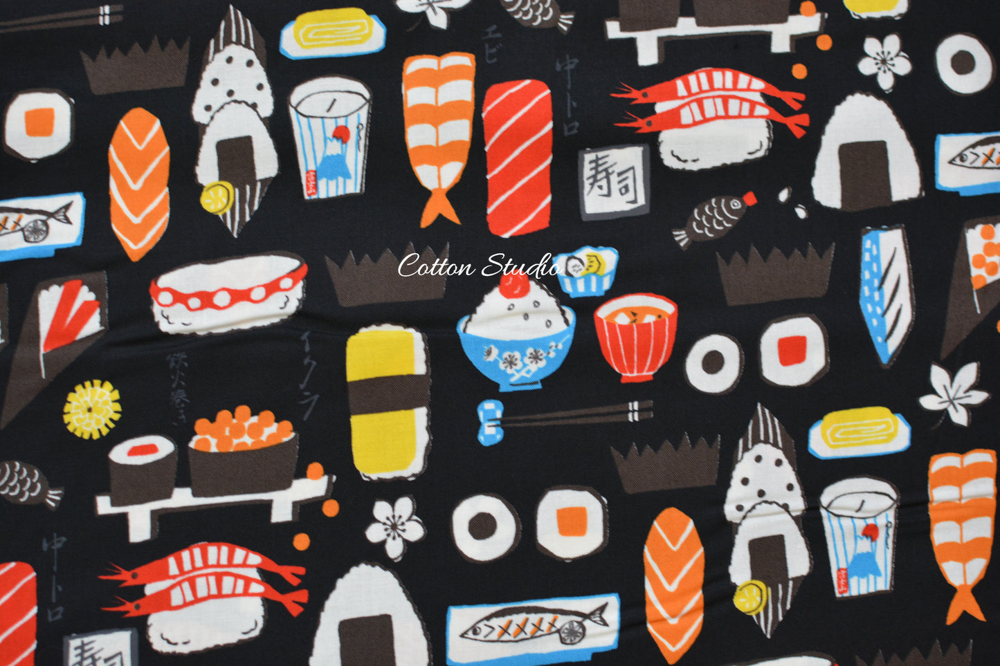 Kokka Yukata Sushi and Japanese Food Black Japanese Fabric