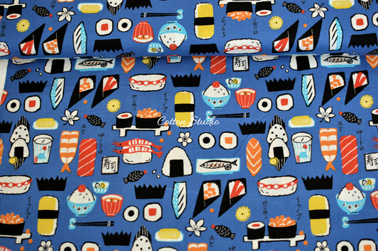 Kokka Yukata Sushi and Japanese Food Blue Japanese Fabric