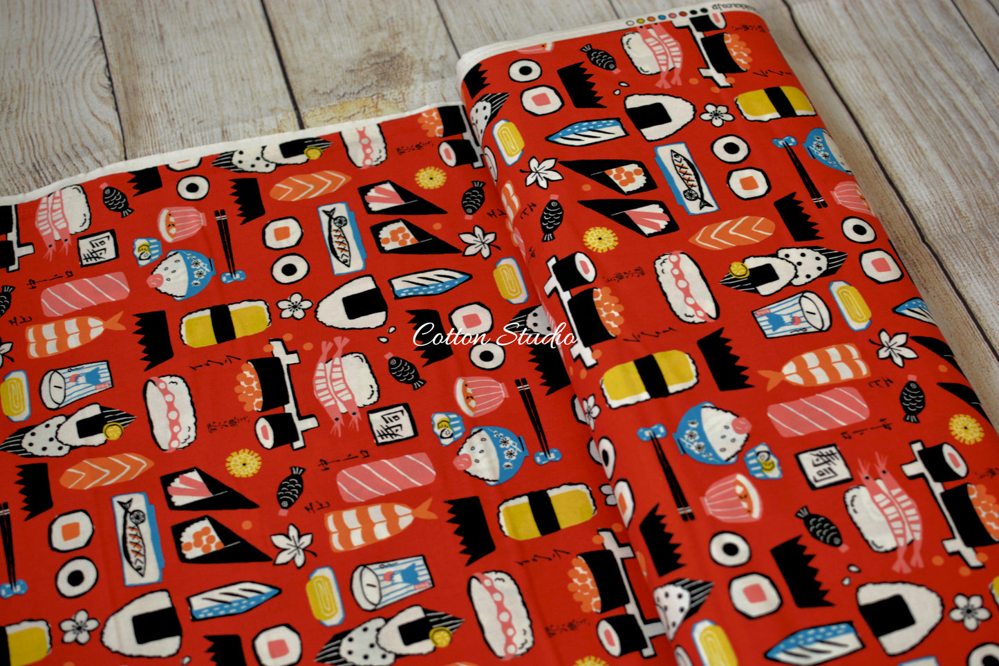 Kokka Yukata Sushi and Japanese Food Red Japanese Fabric