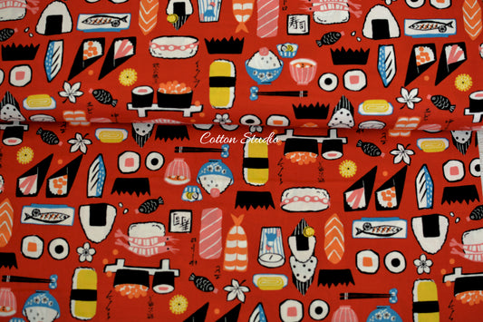 Kokka Yukata Sushi and Japanese Food Red Japanese Fabric