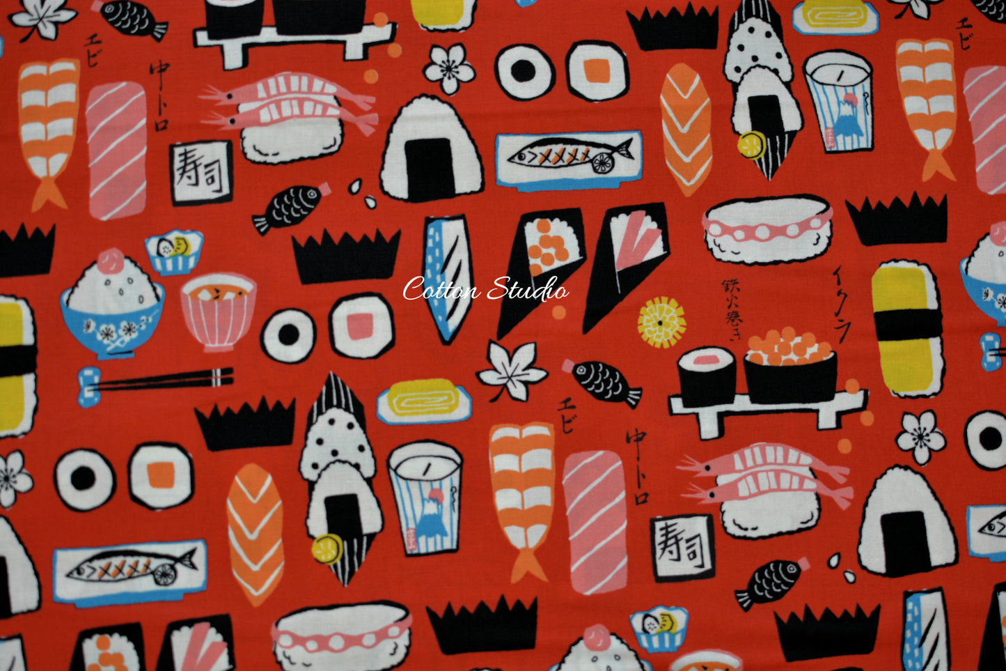Kokka Yukata Sushi and Japanese Food Red Japanese Fabric