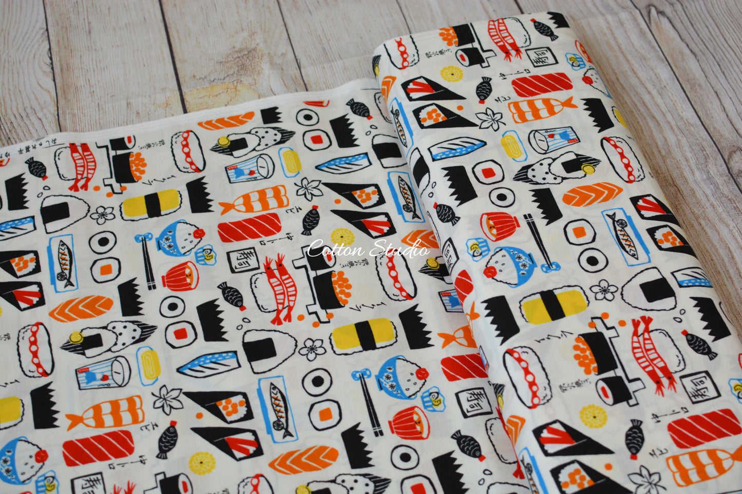 Kokka Yukata Sushi and Japanese Food White Japanese Fabric