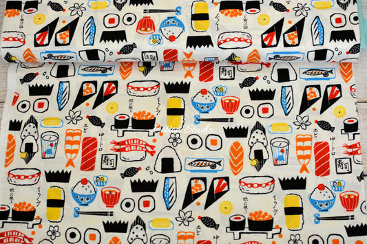 Kokka Yukata Sushi and Japanese Food White Japanese Fabric