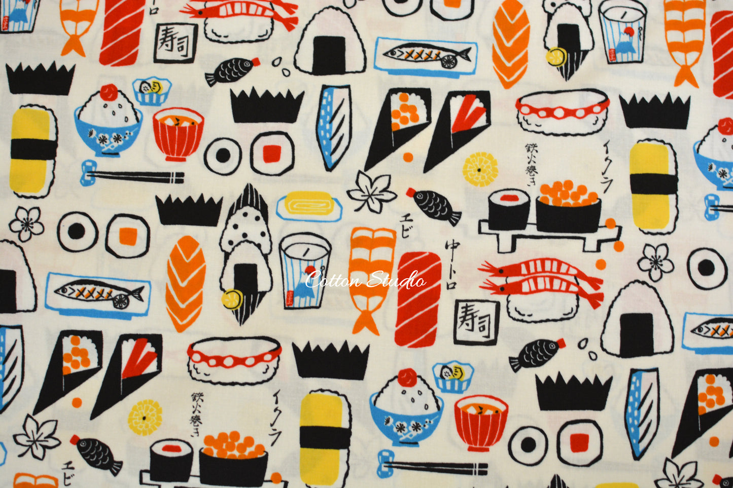 Kokka Yukata Sushi and Japanese Food White Japanese Fabric