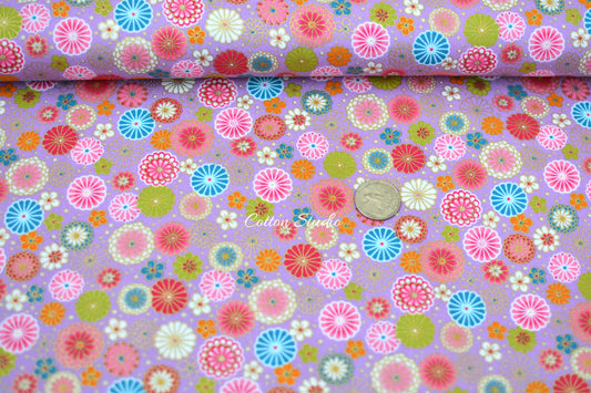 Chrysanthemum Medalion Floral Kimono Print Lavender and Gold Japanese Fabric