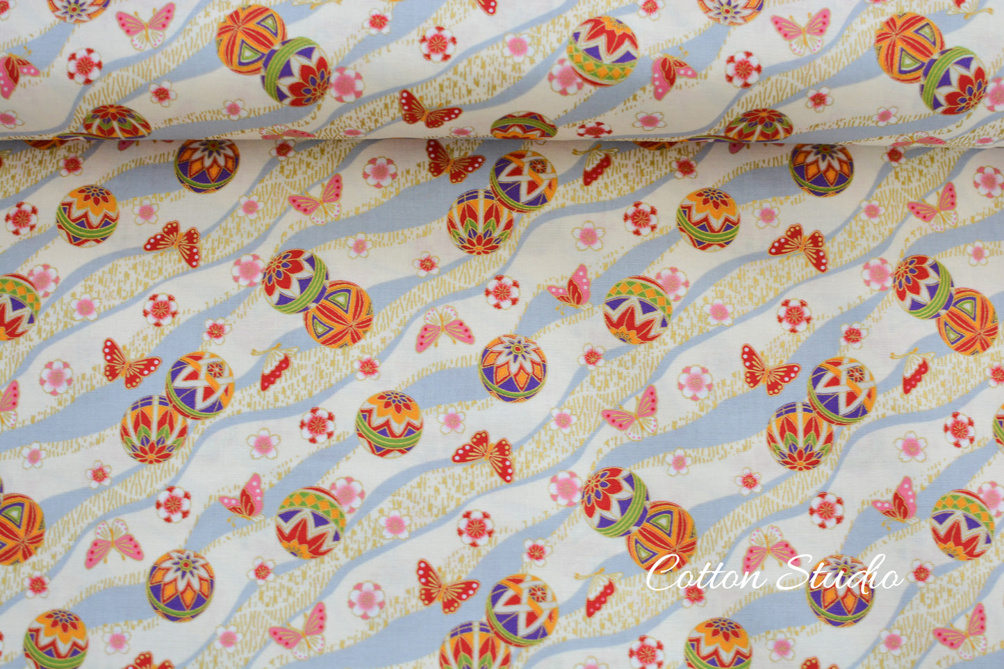 Temari Ball Butterfly Sakura on Beige with Metallic Gold Japanese Fabric