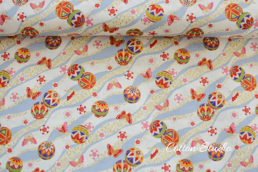 Temari Ball Butterfly Sakura on Beige with Metallic Gold Japanese Fabric