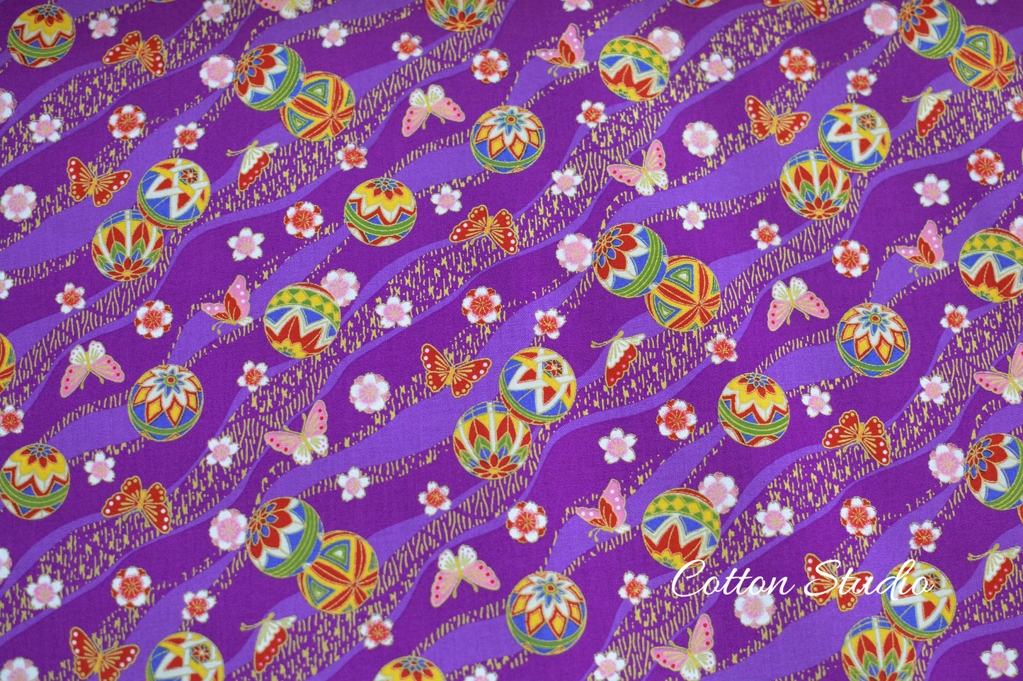 Temari Ball Butterfly Sakura on Purple with Metallic Gold Japanese Fabric
