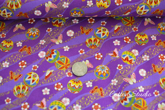 Temari Ball Butterfly Sakura on Purple with Metallic Gold Japanese Fabric