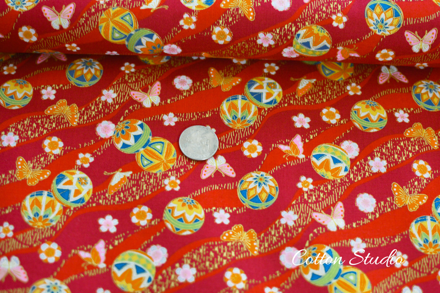 Temari Ball Butterfly Sakura on Red with Metallic Gold Japanese Fabric