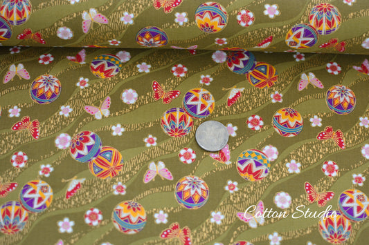 Temari Ball Butterfly Sakura on Green with Metallic Gold Japanese Fabric