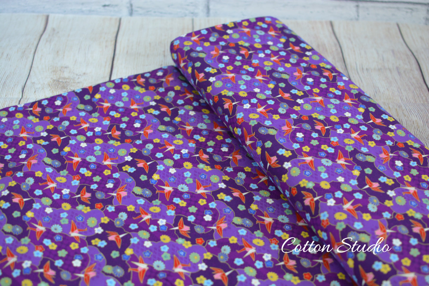 Paper Cranes Sakura Kiku on Purple with Metallic Gold Japanese Fabric