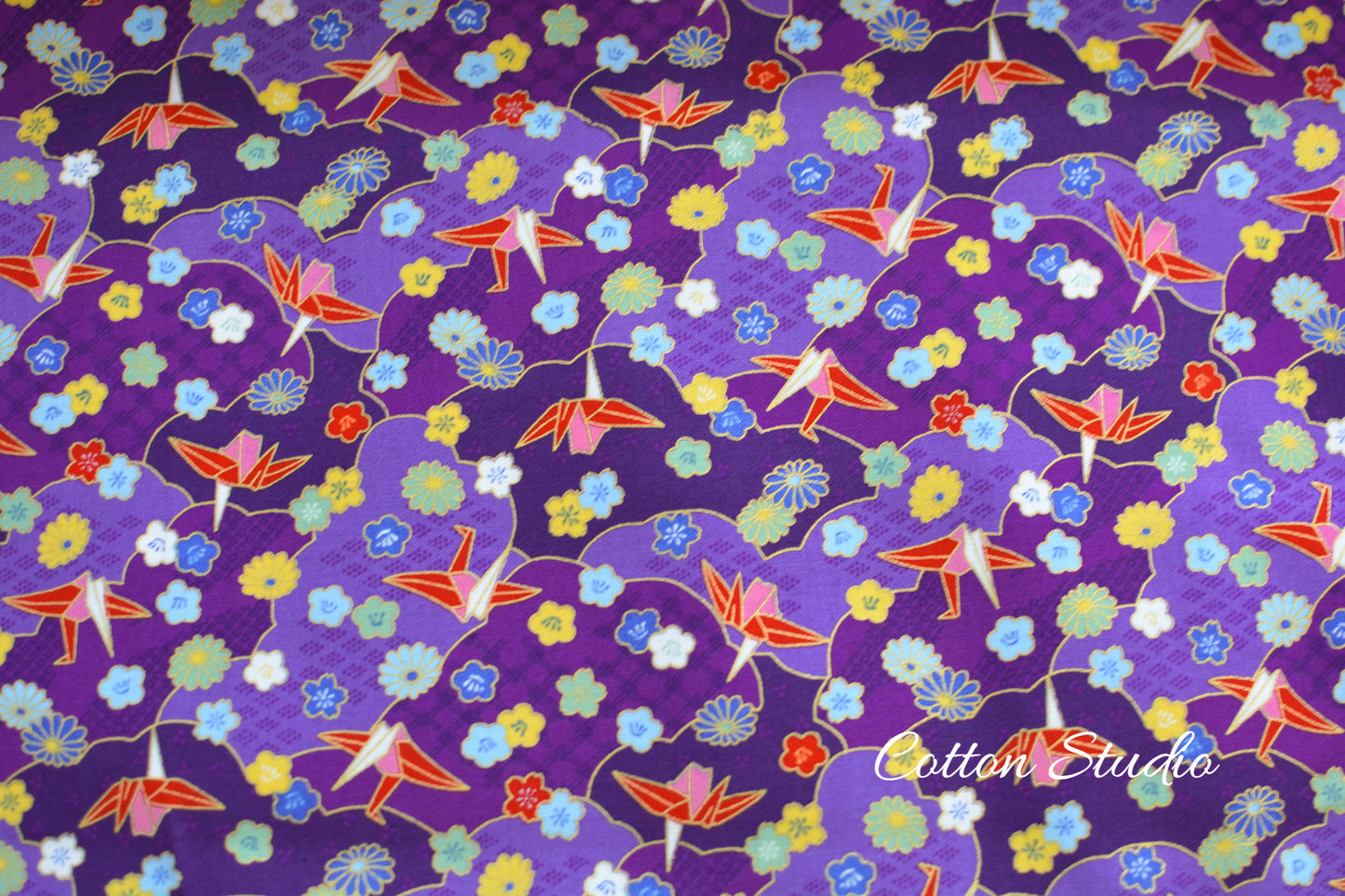 Paper Cranes Sakura Kiku on Purple with Metallic Gold Japanese Fabric