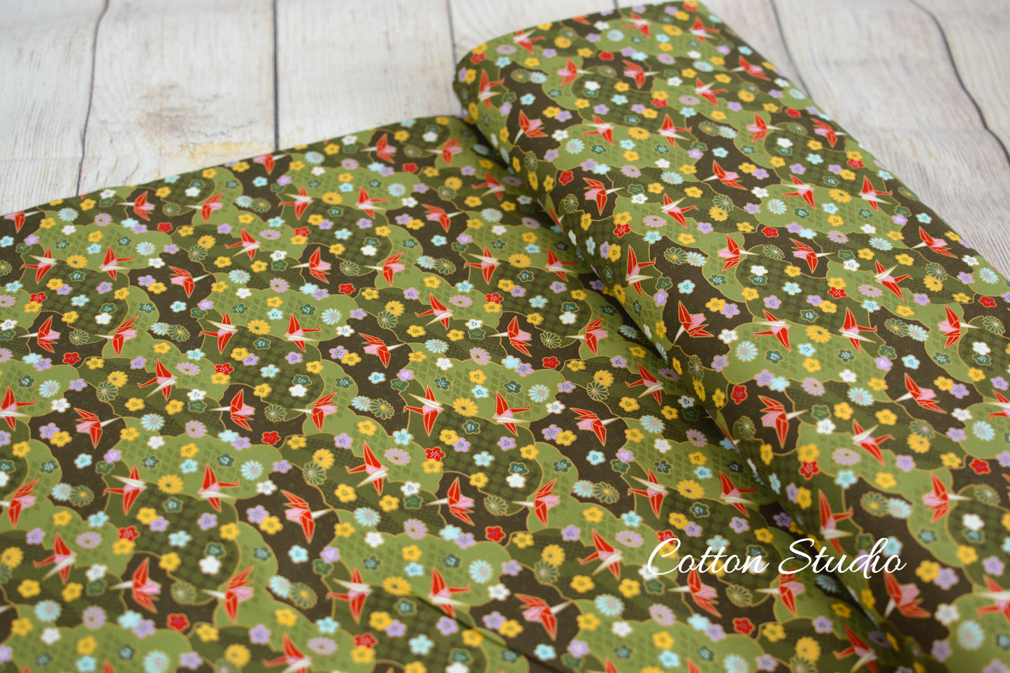 Paper Cranes Sakura Kiku on Green with Metallic Gold Japanese Fabric