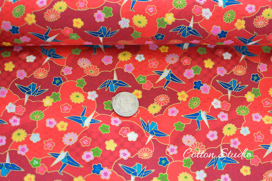 Paper Cranes Sakura Kiku on Red with Metallic Gold Japanese Fabric