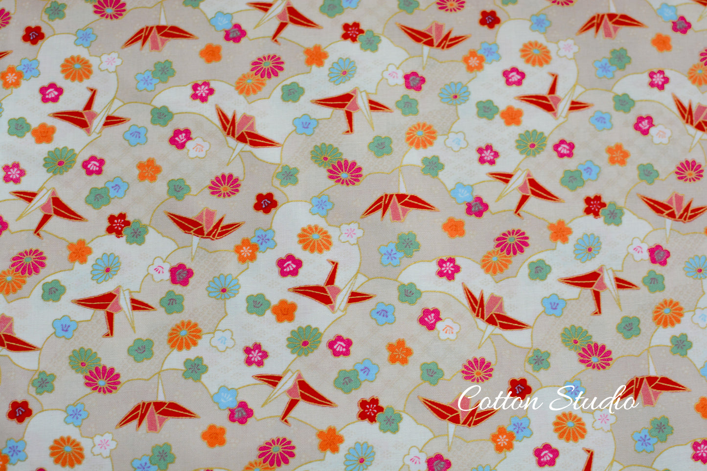 Paper Cranes Sakura Kiku on Beige with Metallic Gold Japanese Fabric