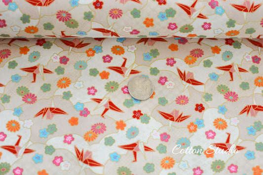 Paper Cranes Sakura Kiku on Beige with Metallic Gold Japanese Fabric