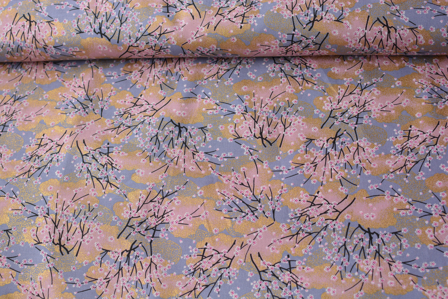 Cherry Blossoms Pink Gray Gold Sakura Japanese Fabric