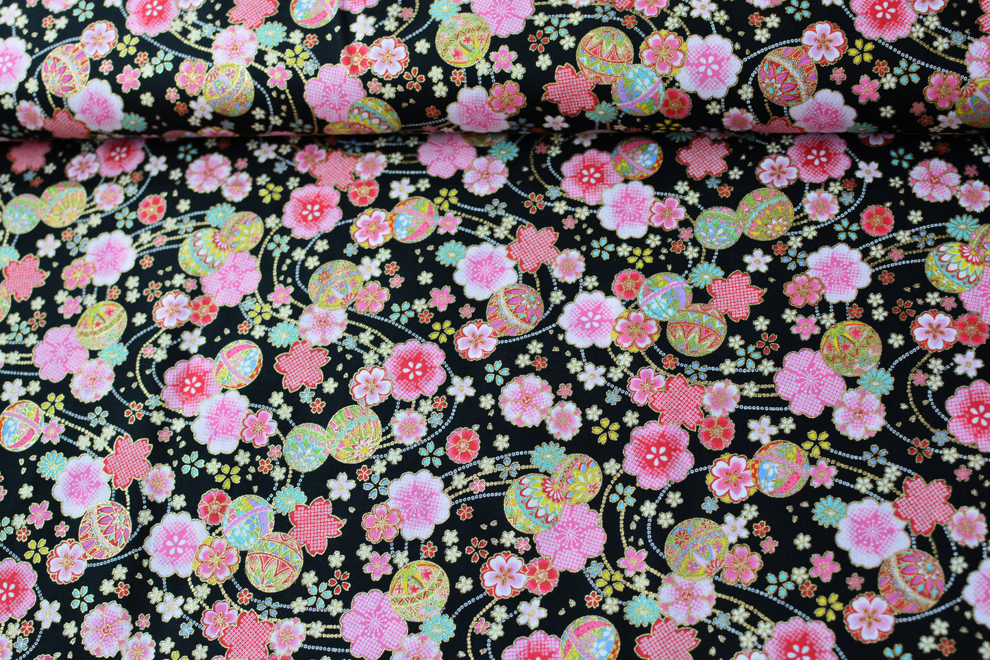Sakura and Temari Ball on Black with Metallic Gold Accent Japanese Fabric