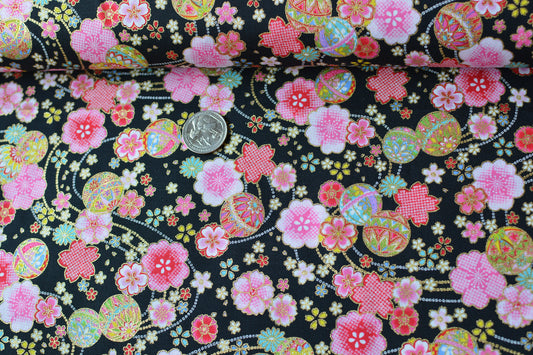 Sakura and Temari Ball on Black with Metallic Gold Accent Japanese Fabric