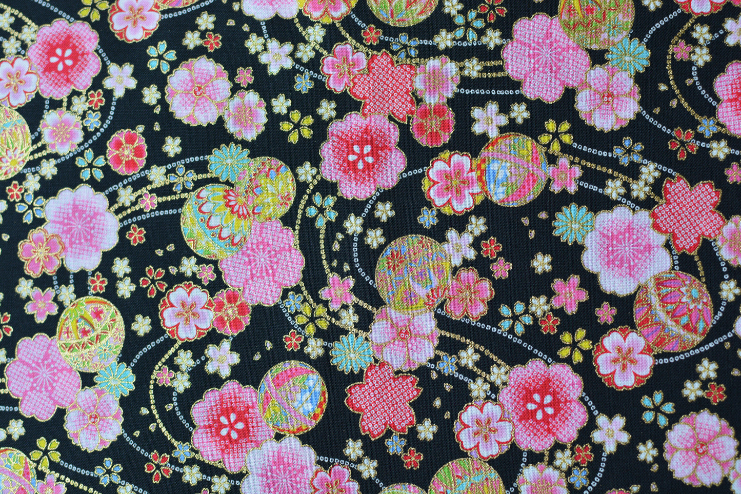 Sakura and Temari Ball on Black with Metallic Gold Accent Japanese Fabric
