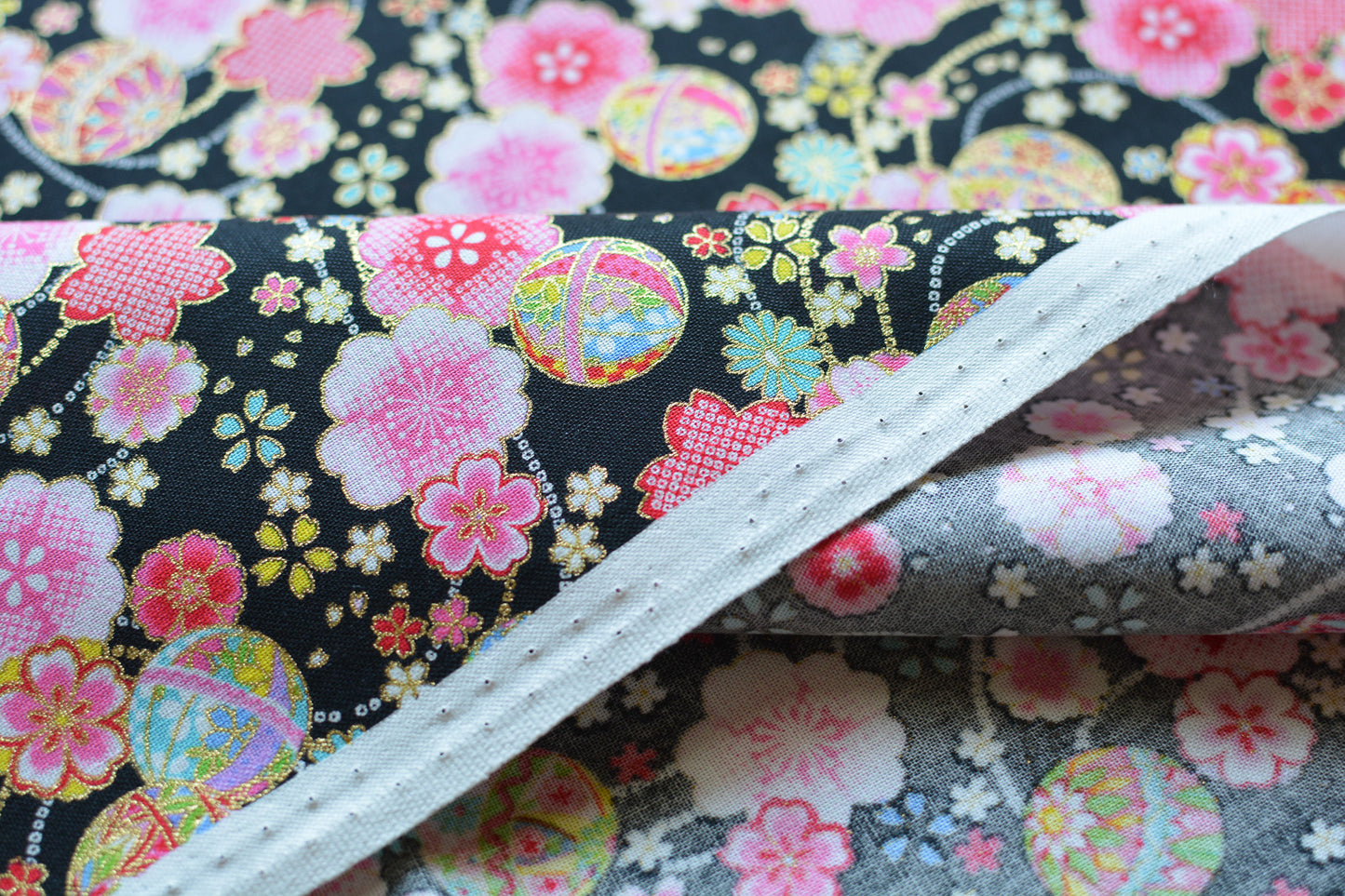 Sakura and Temari Ball on Black with Metallic Gold Accent Japanese Fabric