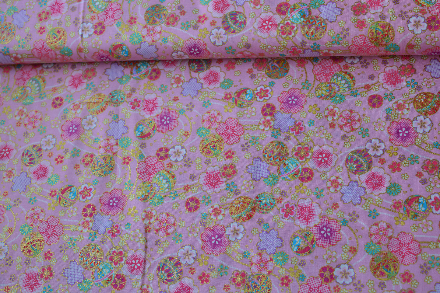 Sakura and Temari Ball on Pink with Metallic Gold Accent Japanese Fabric