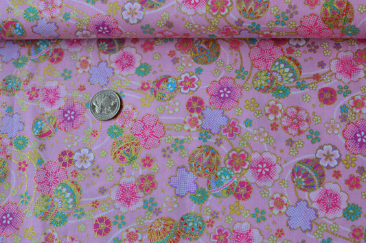 Sakura and Temari Ball on Pink with Metallic Gold Accent Japanese Fabric