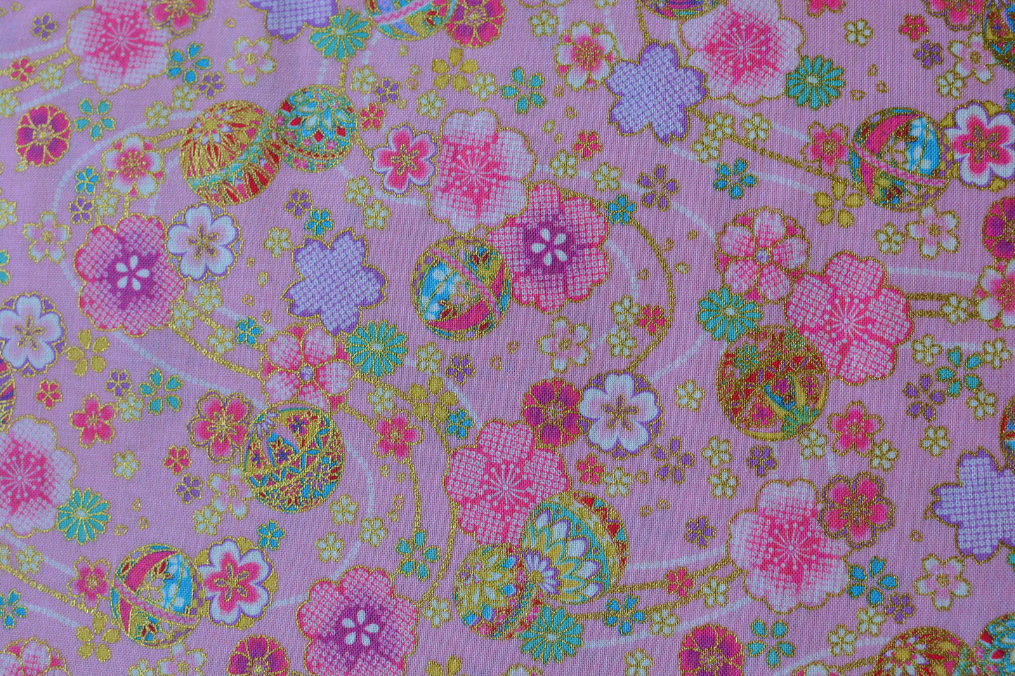 Sakura and Temari Ball on Pink with Metallic Gold Accent Japanese Fabric