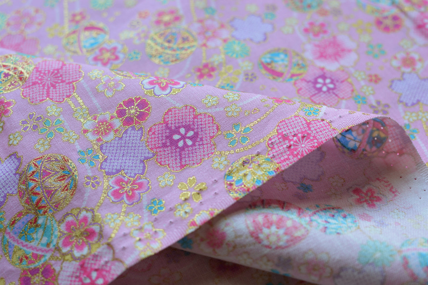 Sakura and Temari Ball on Pink with Metallic Gold Accent Japanese Fabric