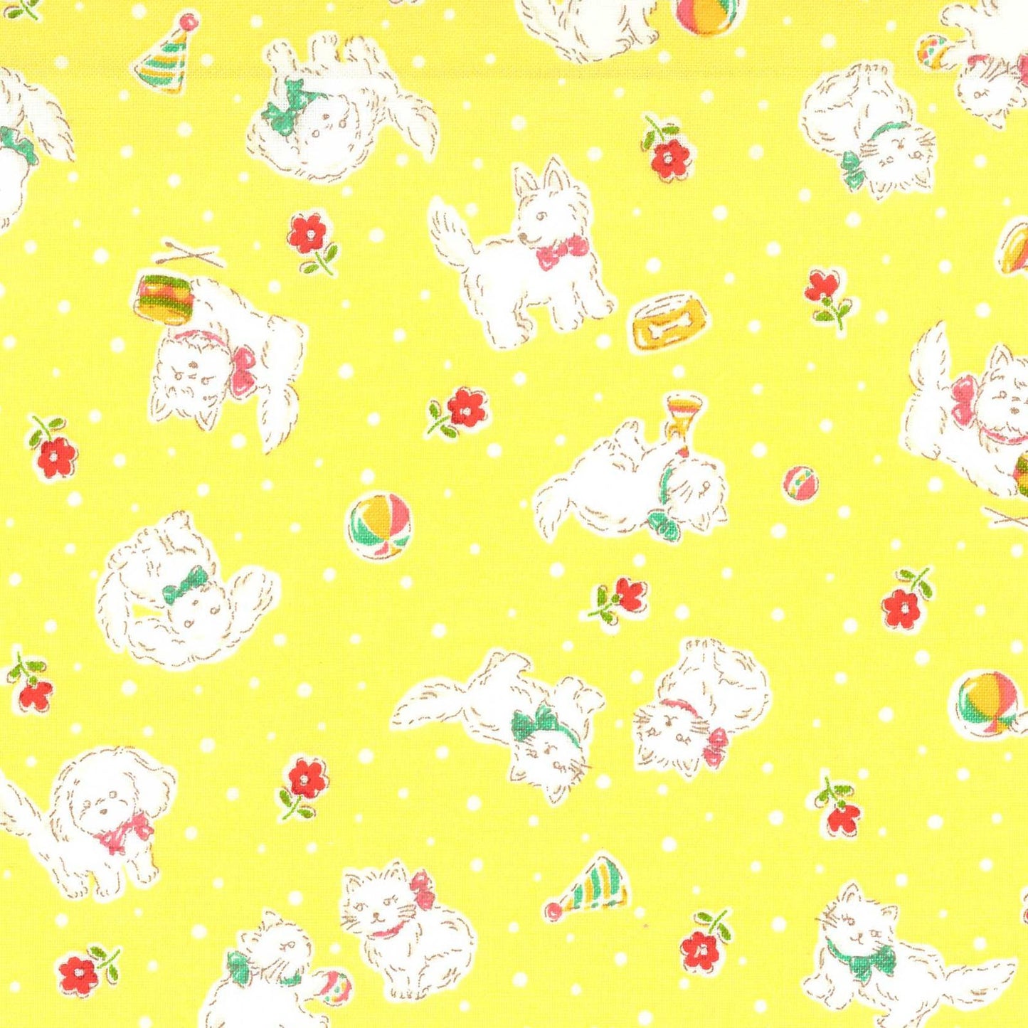 Japanese Fabric Happy Message 30's Cats and Dogs Yellow