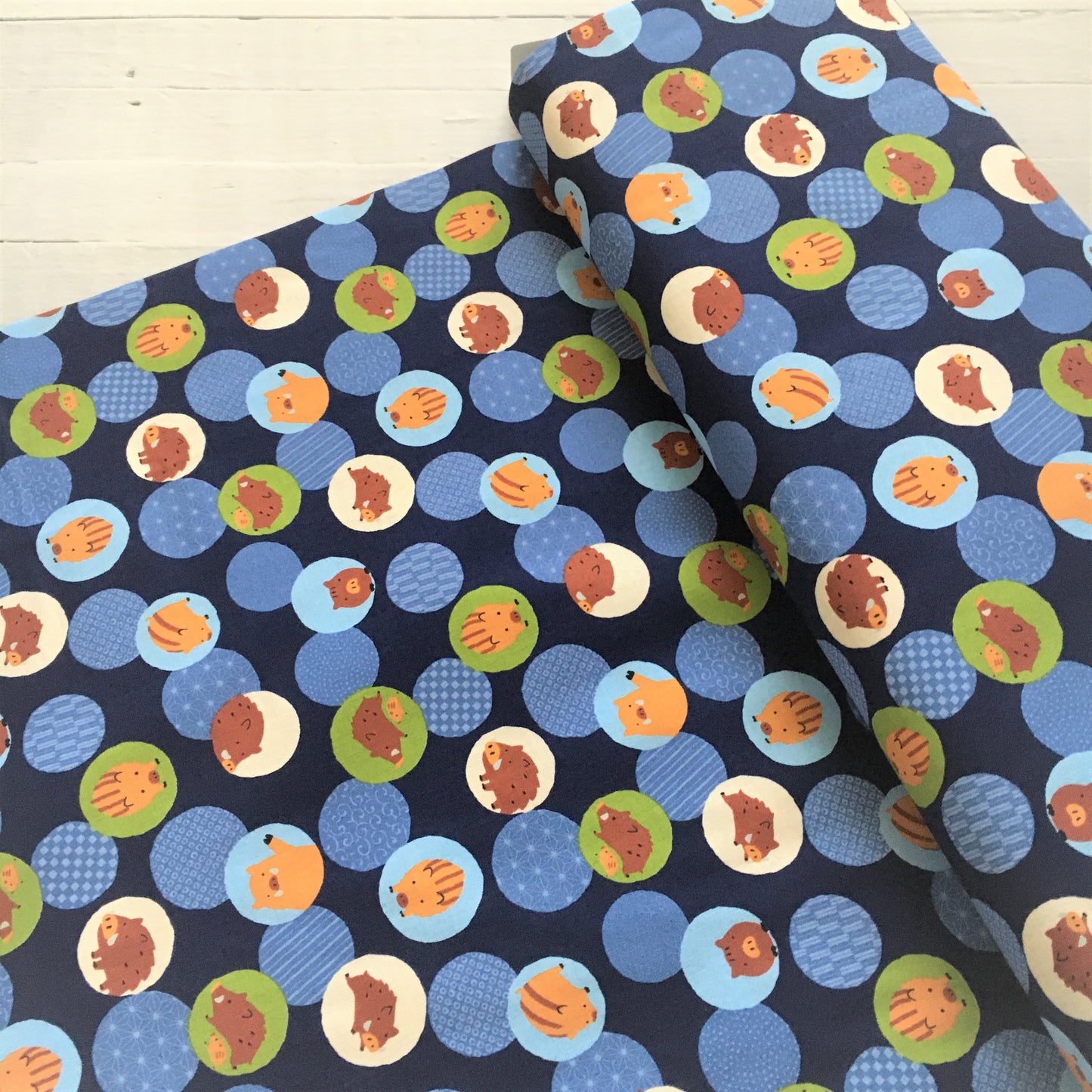 Wild Boar Print Blue Kawaii Japanese Fabric