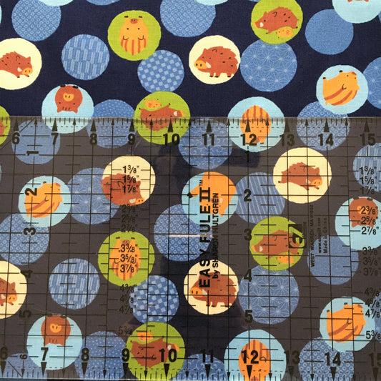 Wild Boar Print Blue Kawaii Japanese Fabric