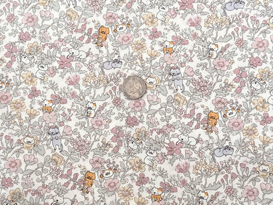 Cotton Kobayashi Cats & Flowers Japanese Broadcloth Fabric Soft Lavender and Soft Blue