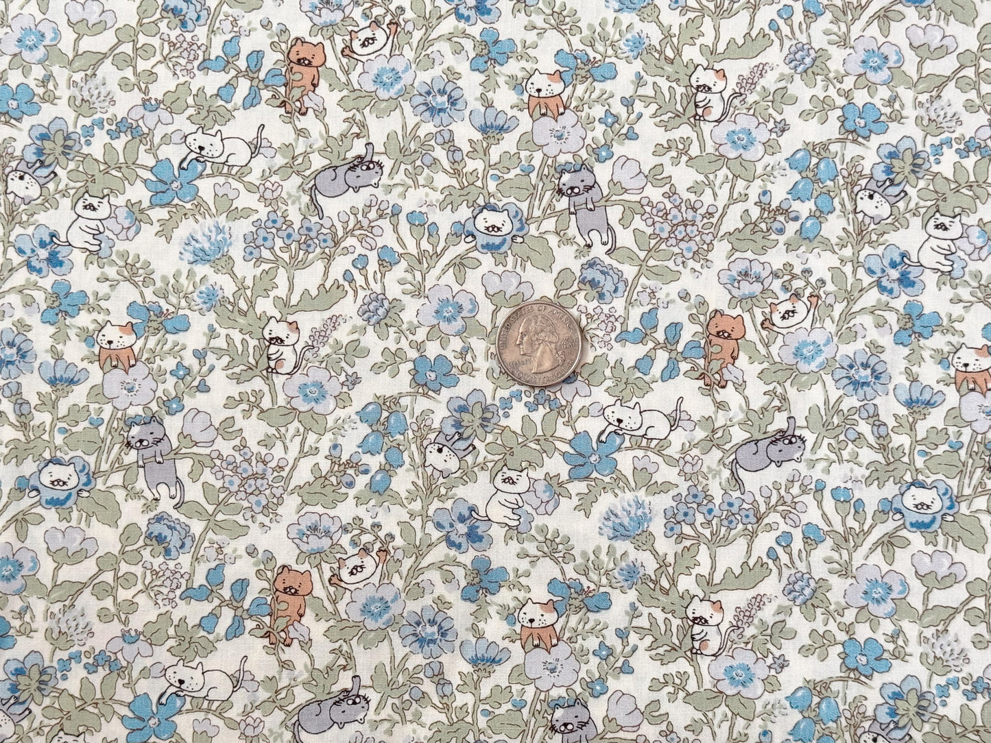 Cotton Kobayashi Cats & Flowers Japanese Broadcloth Fabric Soft Lavender and Soft Blue