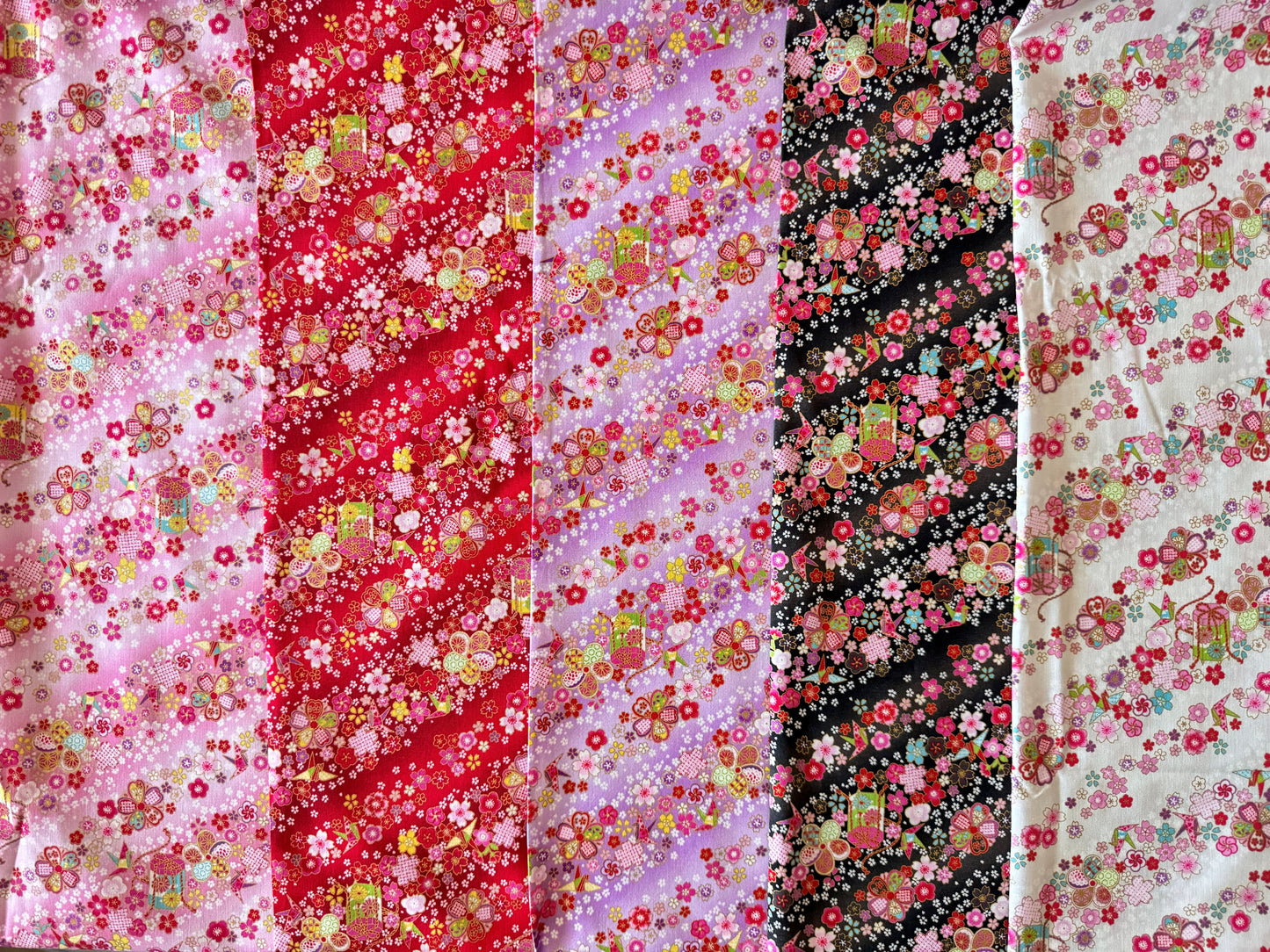 Japanese Fabric Paper Crane and Flowers Cherry Blossoms Metallic Gold Accent