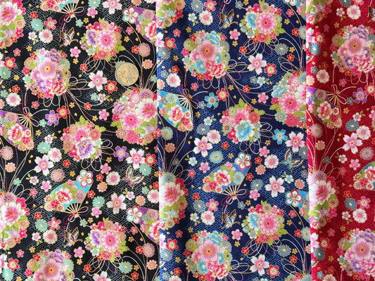 Japanese Fabric Fan Butterfly and Flower Bouquet Metallic Gold Accent